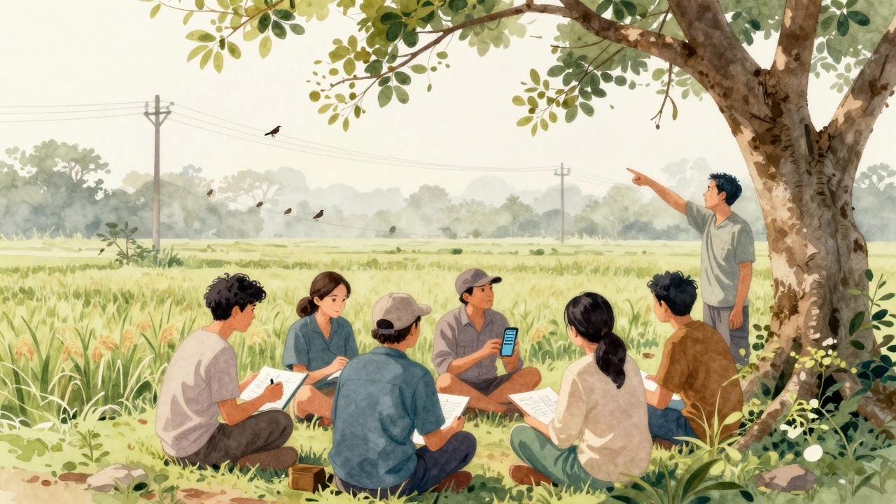 A quiet group of birders sharing observations under a tree at sunrise in Indonesia.