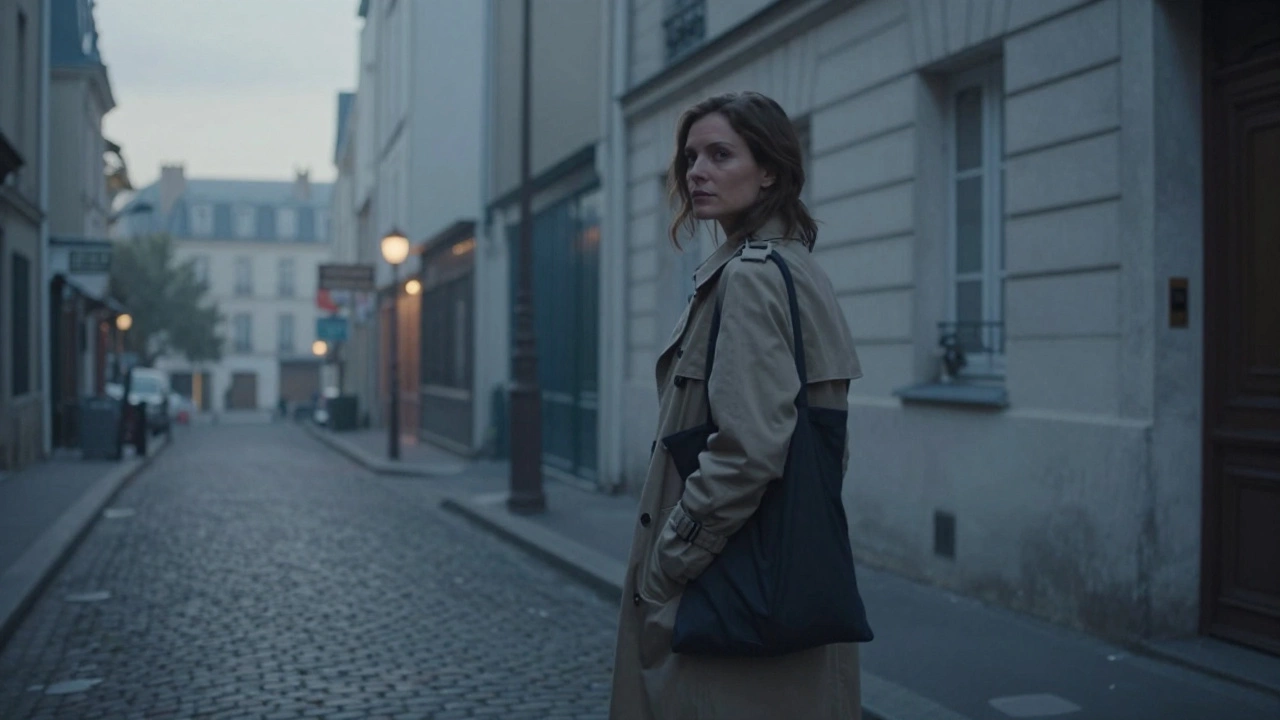 A woman stands alone on a misty Paris street at dawn, looking back at a building she just left.