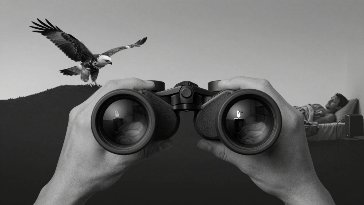 Binoculars reflecting an eagle and a solitary man, symbolizing devotion to birding.